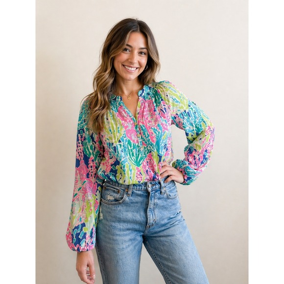 Lilly Pulitzer Tops - Lilly Pulitzer Pink Blue Coral Print Silk Blouse Sz S Resort Preppy Coastal Chic
